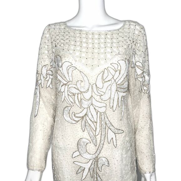 Anjumun California Rare Vintage 80s White Floral Pearlescent Beaded Gown - Picture 1 of 11
